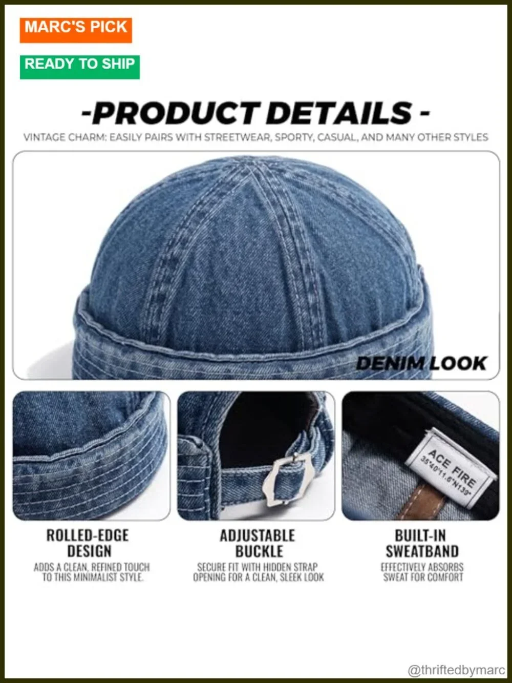 Denim Docker Beanie Skull Cap Rolled Cuff Harbour Hat Adjustable Metal Buckle